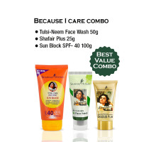 Combo Because I Care — Ochrona przeciwsłoneczna SPF-40 + Płyn do mycia twarzy Tulsi Neem + Shafair Plus, 100 gramów + 50 gramów + 25 gramów